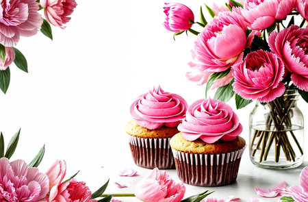 Pink peonies with cupcakes on white.の素材