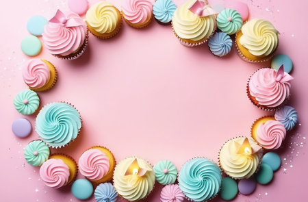 Frame of cupcakes on a pink background.の素材