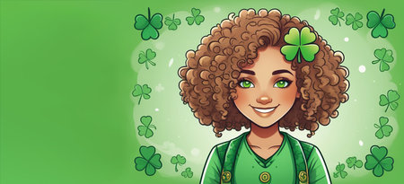 Portrait of a happy curly girl with shamrocks.の素材