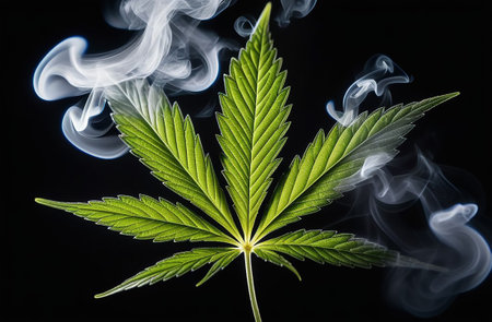 Cannabis leaves on a black background in smoke.の素材