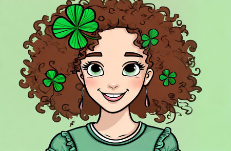 Portrait of a happy curly girl with shamrocks.の素材