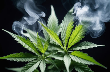Cannabis leaves on a black background in smoke.の素材