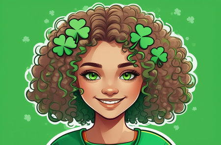 Portrait of a happy curly girl with shamrocks.の素材