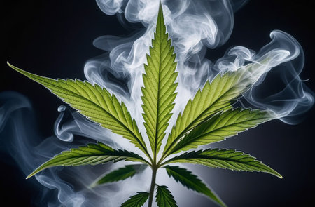 Cannabis leaves on a black background in smoke.の素材