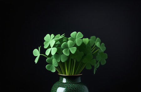 Vase with shamrocks on a black background.の素材