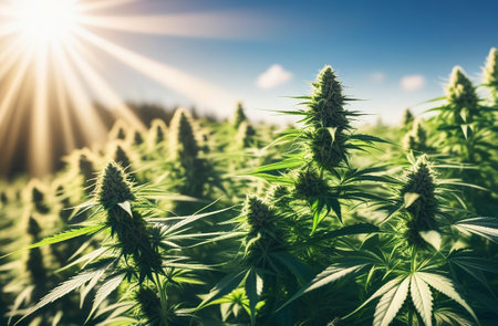Hemp field with sun rays.の素材