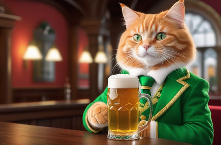 Red cat with a glass of beer in a green suit.の素材