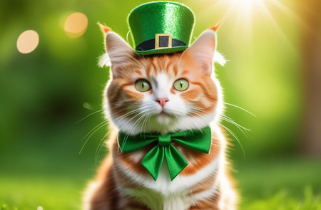 Red cat in a green leprechaun costume on St. Patrick's Day on a green background with bokeh.の素材