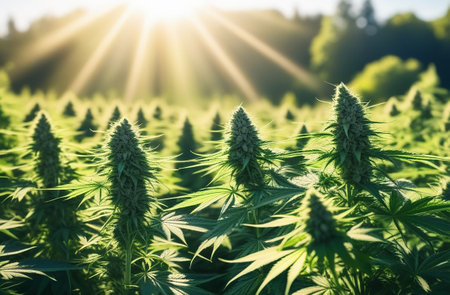 Hemp field with sun rays.の素材