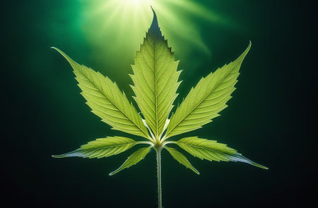 Cannabis leaf on a green background with rays.の素材