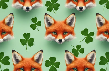 Fox muzzle with shamrock on a green background.の素材