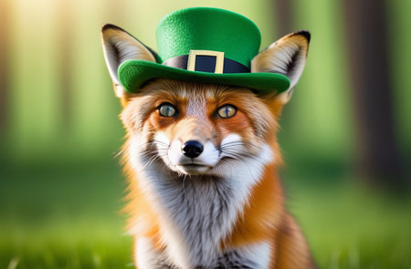 Portrait of a fox in a green hat.の素材