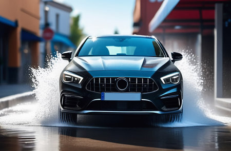 The car drives through water with splashes.の素材