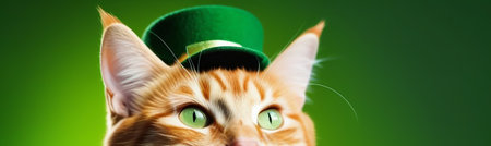 Red cat in a green hat on St. Patrick's Day on a green background.の素材