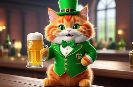 Red cat with a glass of beer in a green suit.の素材