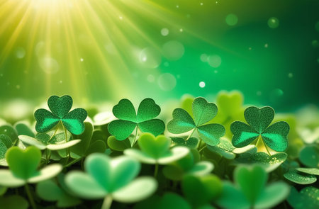 Clover leaves with bokeh sun rays.の素材
