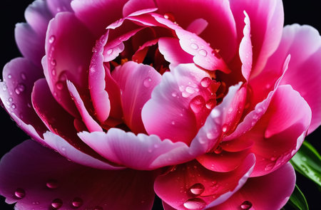 Close-up of a peony with dew drops.の素材