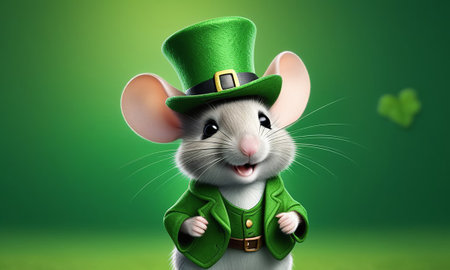 Happy little mouse in a green leprechaun costume on a green background.の素材