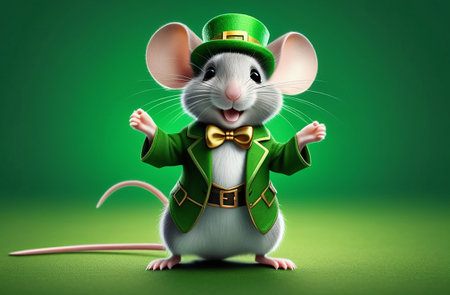 Happy little mouse in a green leprechaun costume on a green background.の素材