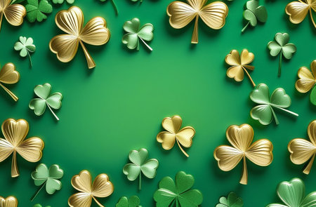 Green background with gold and green 3D shamrocks.の素材
