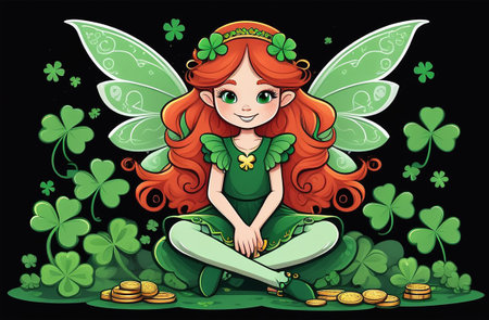 Red-haired girl with wings and shamrock.の素材