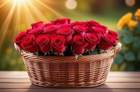 A bouquet of roses in a basket with rays of sunshine.の素材