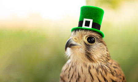 Kestrel in St. Patrick's Day hat on green backgroundの写真素材