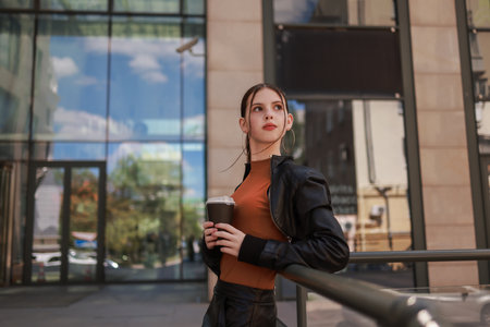 Girl with hot coffee against the background of a modern city building.の写真素材