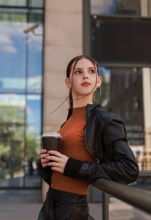 Girl with hot coffee against the background of a modern city building.の写真素材