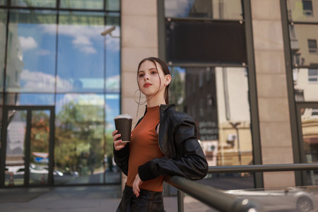 Girl with hot coffee against the background of a modern city building.の写真素材