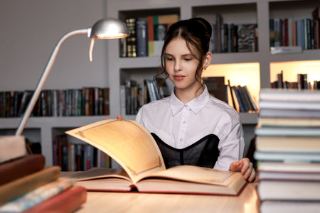 A girl in the library with a book.