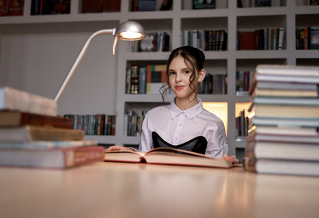 A girl in the library with a book.の写真素材