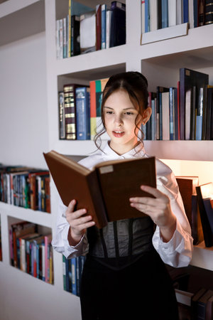 Happy girl with a book in the library.の写真素材