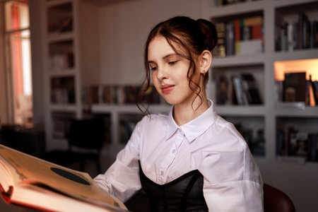 A girl in the library with a book.の写真素材