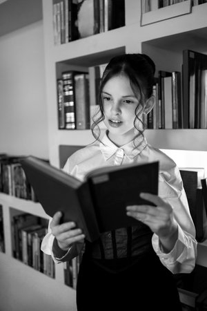 A girl in the library with a book.の写真素材
