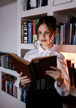 A girl in the library with a book.の写真素材