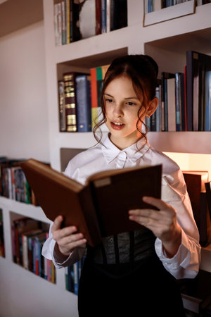 A girl in the library with a book.の写真素材