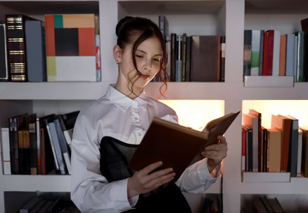A girl in the library with a book.の写真素材