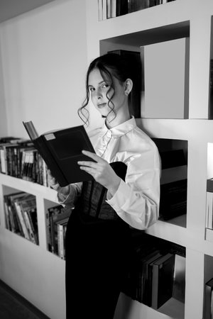 A girl in the library with a book.の写真素材