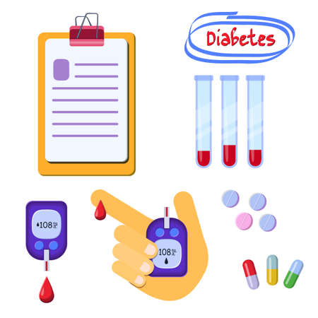 Blood glucose meter, pills, blood drop, medical chart and flasks. Diabetes diagnostic machine. Medical and scientific concept. Pictogram for web, mobile app, promo. UI UX design element.のイラスト素材
