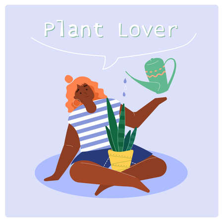 The girl sits hugging a plant in a pot and waters it from a watering can. Home garden. Houseplant care. Fashionable illustration in flat cartoon style.のイラスト素材