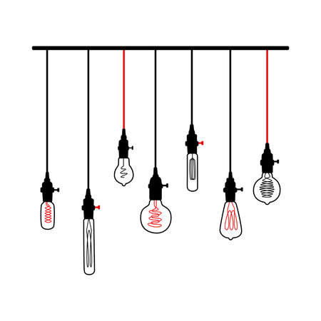Hand drawn vector set of different geometric loft lamps with yellow glow.のイラスト素材