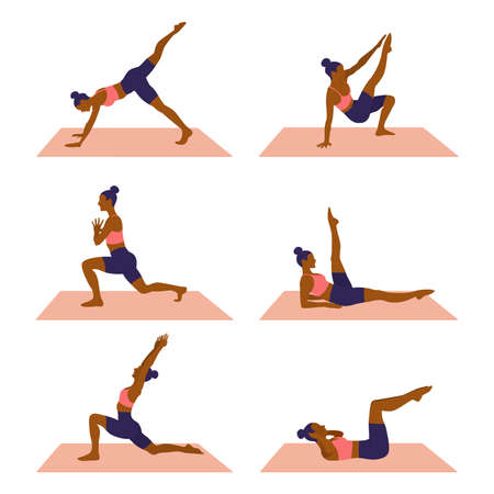 Young woman is exercising. 6 exercises. Vector illustration.のイラスト素材