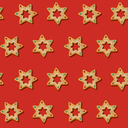 Seamless gingerbread christmas cookies star. Pattern red backgroundのイラスト素材