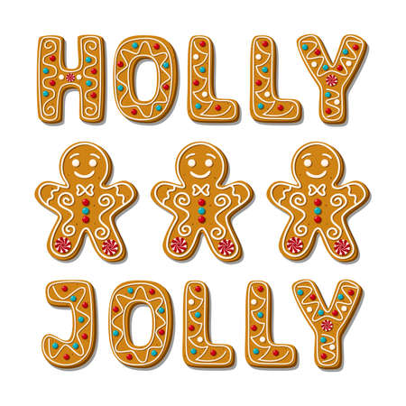 Christmas Gingerbread man and Holly Jolly phrase. Homemade cookies.のイラスト素材