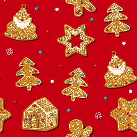 Seamless gingerbread christmas cookie. Vector pattern red backgroundのイラスト素材