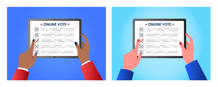 Online voting concept. Womans hands holding a tablet.