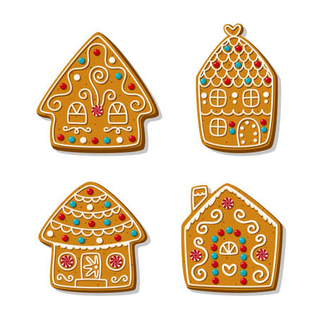 Set of cartoon festive gingerbread houses with a short phrase. Homemade Christmas cookies. Vector illustration.のイラスト素材