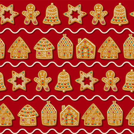 Seamless vector pattern with cute gingerbread man, star, houses. Christmas cookies on a red background.のイラスト素材