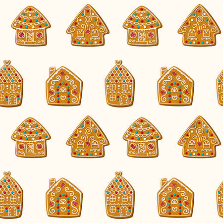 Seamless vector pattern with cute gingerbread houses. Christmas cookies on a red background. Perfect for textiles, wallpaper, or print designs. Vector illustrationのイラスト素材